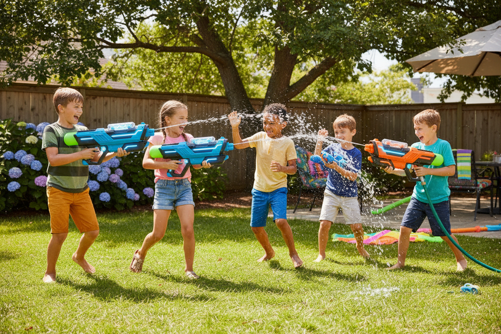 Niños jugando con pistolas de agua eléctricas al aire libre